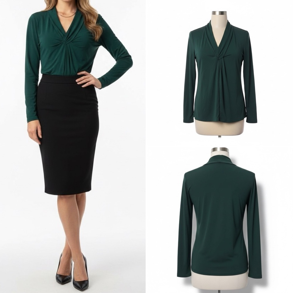 Ann Taylor Hunter Green Twist-Front V-Neck Long Sleeve Blouse